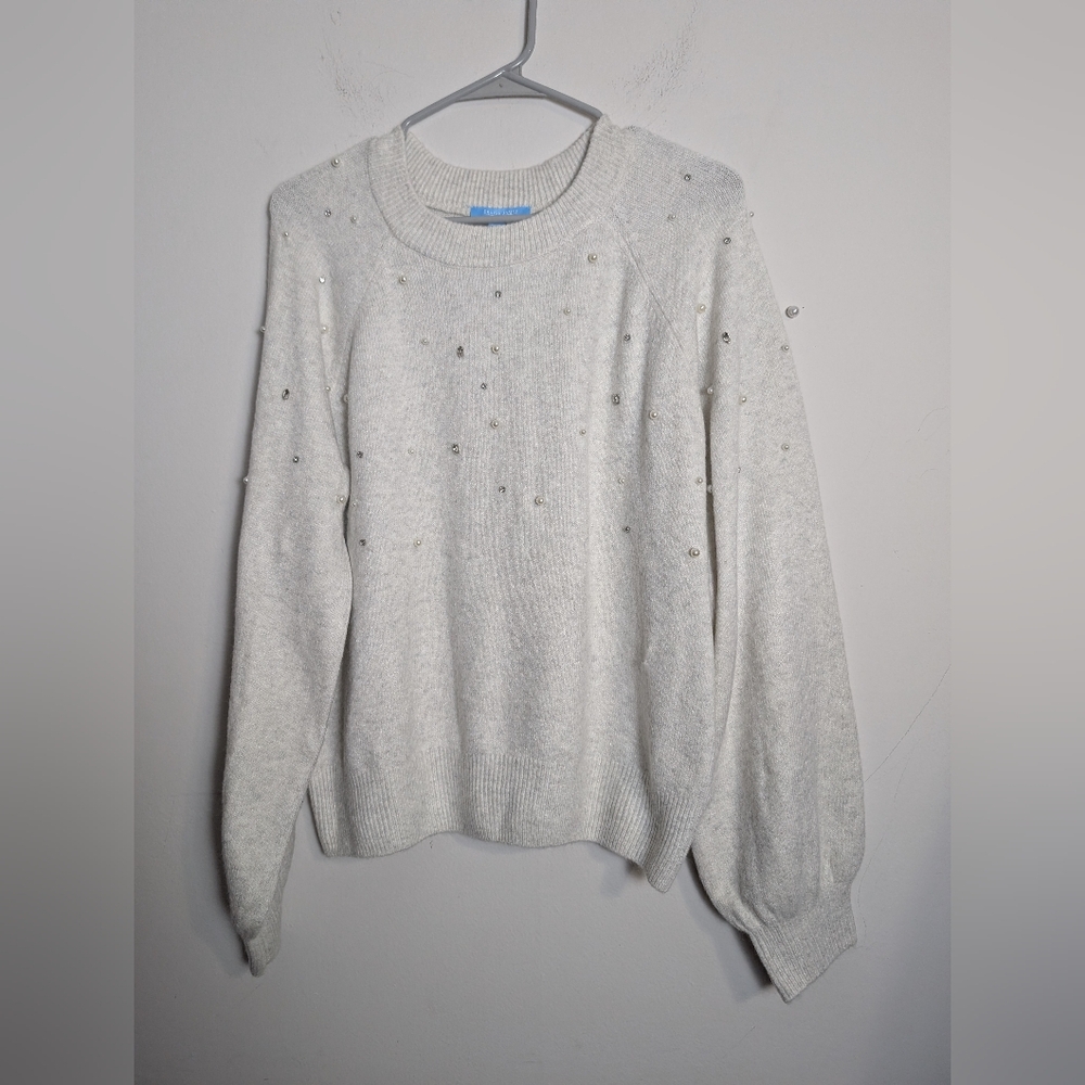 Draper James Sweater Embellished Jewels Pearls Rhinestone Super Soft Grey Sz L
